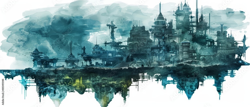 Fototapeta premium A cyber watercolor painting of an uncanny underwater city that reflects a novel approach to oceanic life, Clipart isolated on white background strange style hitech ultrafashionable