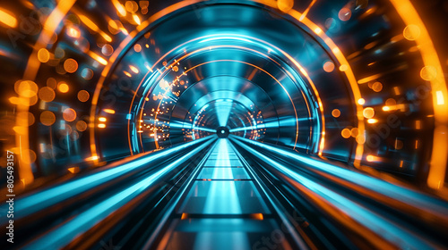 A futuristic tunnel illuminated by sleek rays of blue and orange light that converge in the distance. The walls of the tunnel are adorned with bokeh lights, 