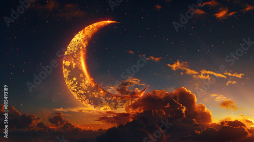 Elegant crescent moon with intricate patterns, set against the backdrop of an ethereal night sky with stars and clouds