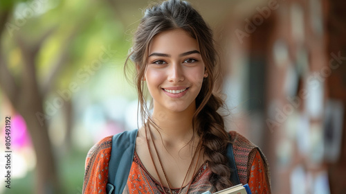 young indian girl college student holding books standing college campus photo