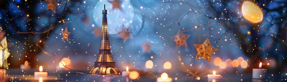 A paper model of the Eiffel Tower stands tall against a starry sky, surrounded by miniature paper lanterns, paper art style concept