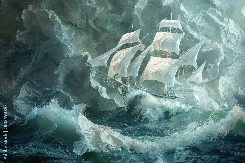 A pirate ship battles stormy seas, its sails billowing out from crumpled tissue paper, paper art style concept A pirate ship battles stormy seas, its sails billowing out from crumpled tissue paper, paper art style concept