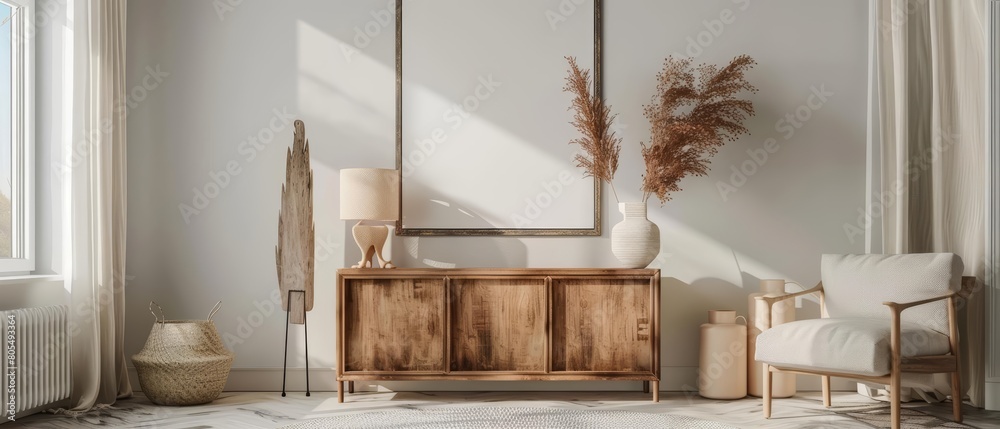 A rustic cabinet against a white wall is beautifully accented with a 3D Mockup frame, enhancing the farmhouse aesthetic, 3D render sharpen A rustic cabinet against a white wall is beautifully accented with a 3D Mockup frame, enhancing the farmhouse aesthetic, 3D render sharpen