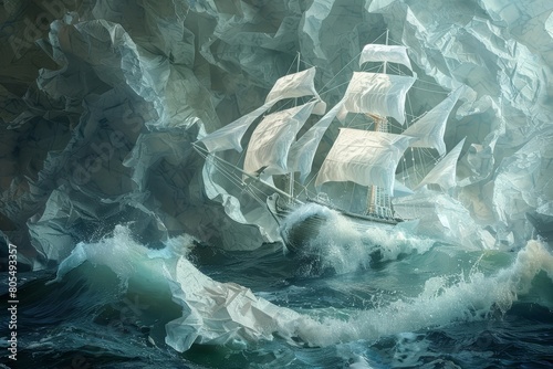 A pirate ship battles stormy seas, its sails billowing out from crumpled tissue paper, paper art style concept
