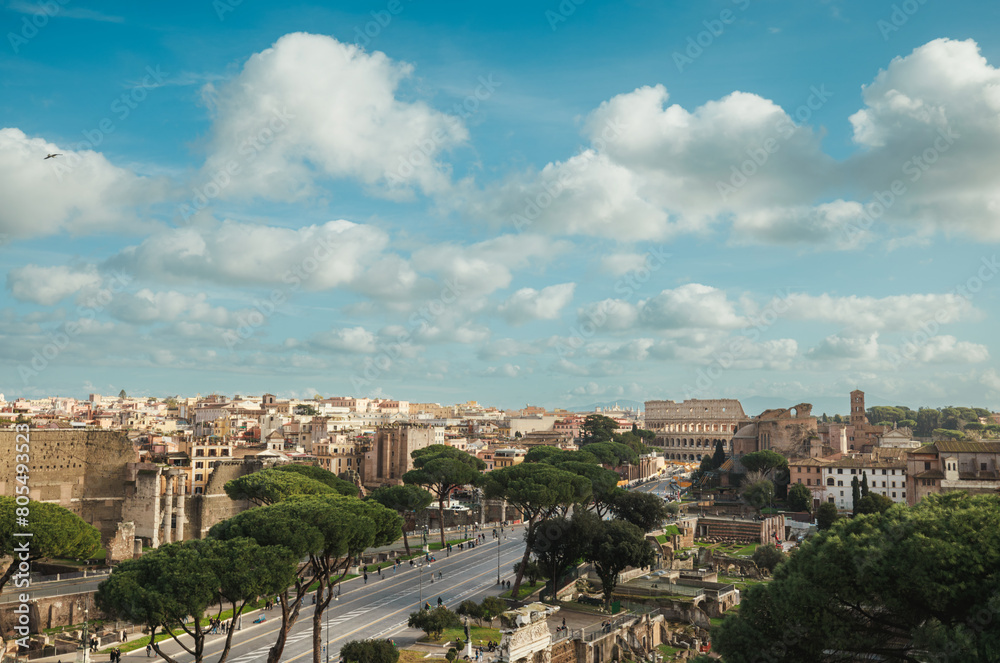 A breathtaking view from a hilltop overlooking the sprawling city of Rome. The ancient buildings, bustling streets, and distant landmarks provide a panoramic glimpse of the vibrant city below