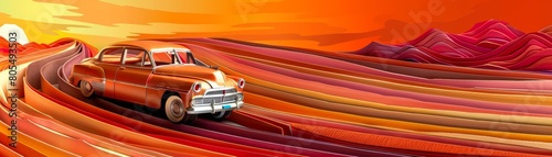 A vintage car races along a winding road  crafted from vibrant  layered paper  amidst a backdrop of sunset hues  paper art style concept