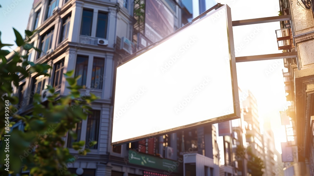Against the dynamic scene of a blur building in an urban city, the creative white blank mockup provides a stark contrast, white blank poster billboard Sharpen with large copy space Against the dynamic scene of a blur building in an urban city, the creative white blank mockup provides a stark contrast, white blank poster billboard Sharpen with large copy space