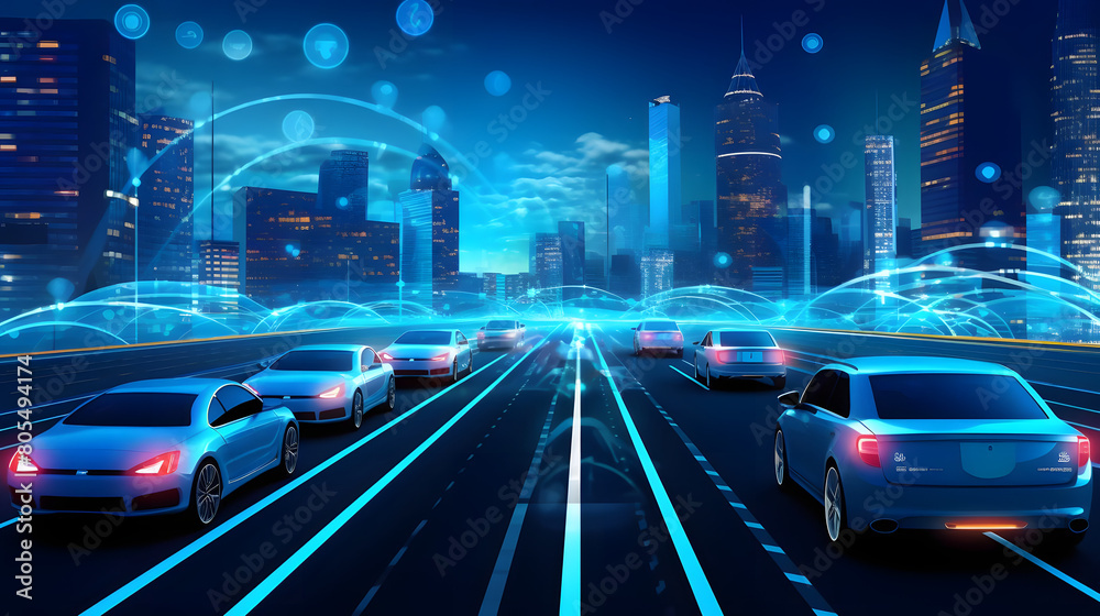 Fototapeta premium automotive connectivity advancements banner, vehicle to vehicle communication systems and telematics networks