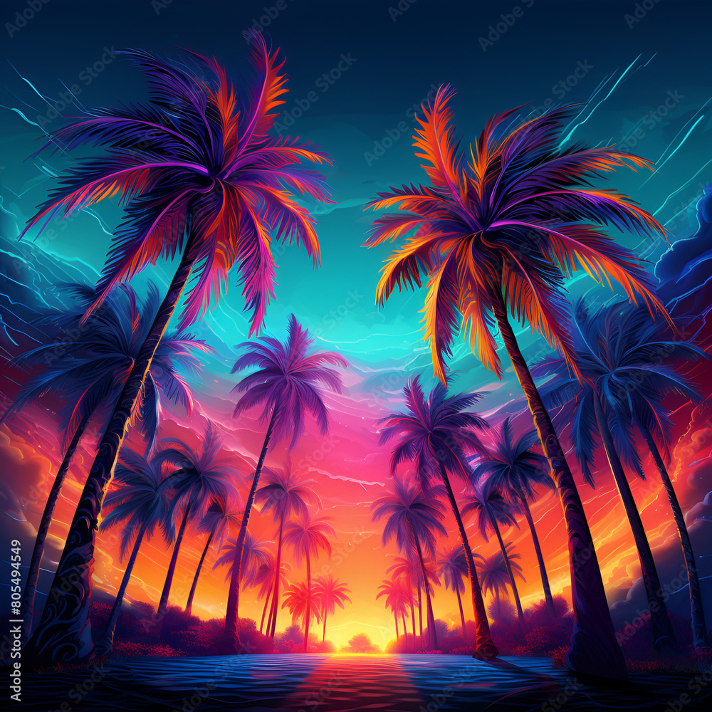 Abstract colorful palm trees at night