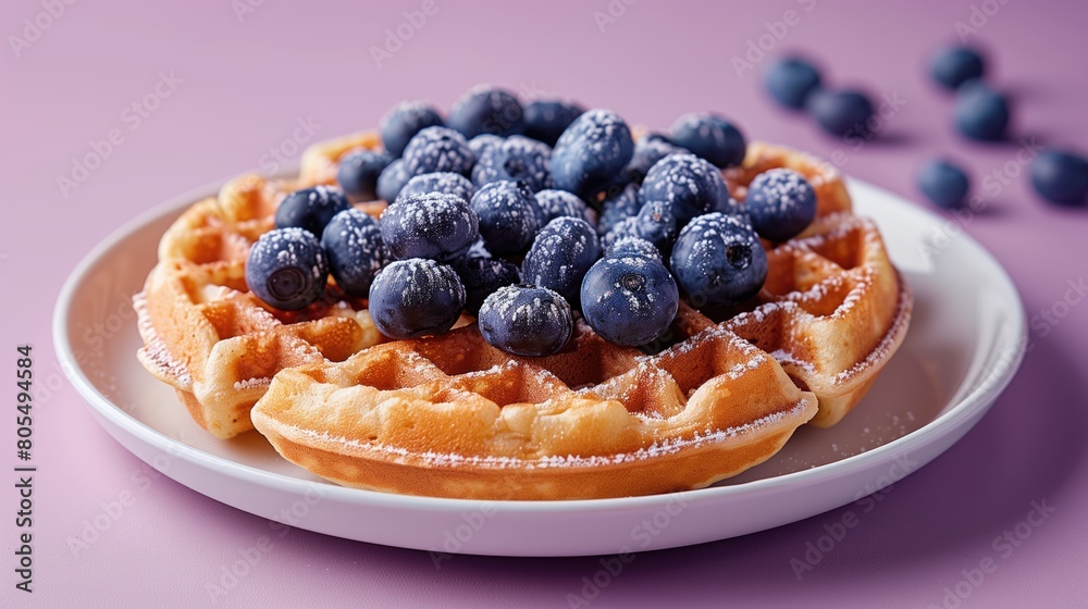 Belgian waffle with blueberries on a white plate on a purple background, healthy eating, delicious breakfast Belgian waffle with blueberries on a white plate on a purple background, healthy eating, delicious breakfast