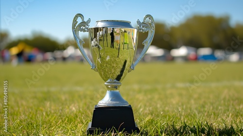a silver trophy sitting on top of a lush green field of grass