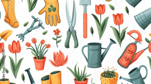 An illustration with various garden accessories in the form of garden tools, gloves, seedlings, flower pot, tulip, pruner, shovel, rubber boots, watering can, seeds. The concept of gardening photo