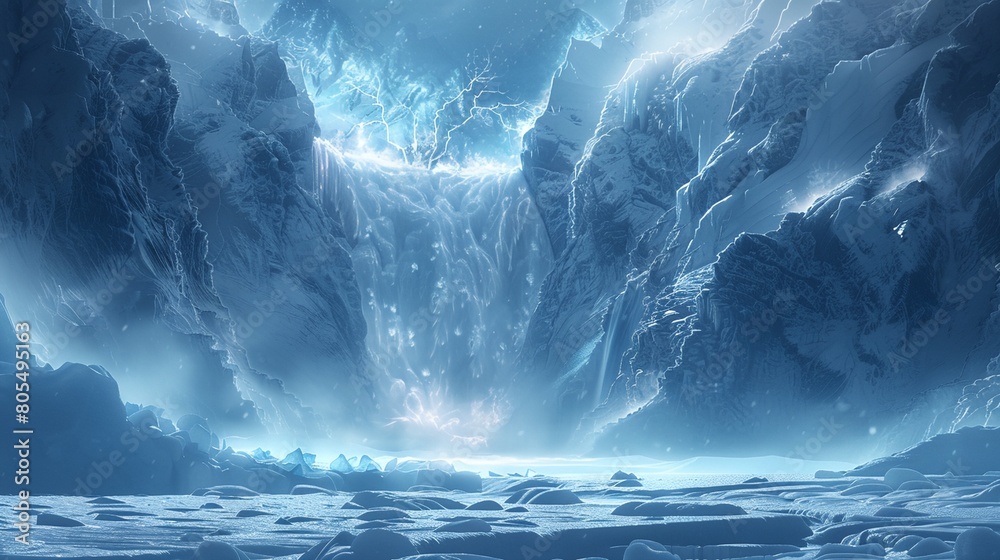 a large ice cave with a waterfall in the middle of it and snow on the ground below it