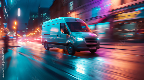 a van driving down a city street at night time
