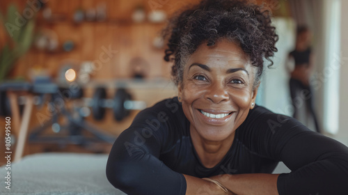 Radiant Senior African American Woman Demonstrating Strength and Vitality in a Modern Home Gym Setting