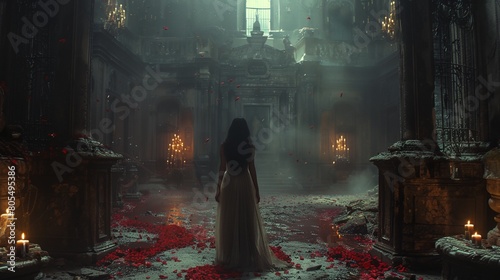 a woman in a white dress standing in a dark room with candles and roses on the floor and walls..