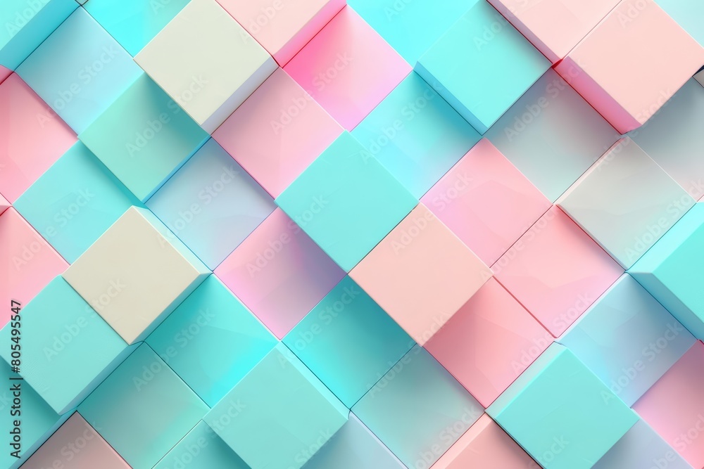 Pastel tone geometric shapes are layered over a White square pattern, blending simplicity with a splash of color, Sharpen 3d rendering background
