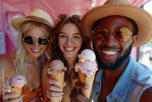Group of diverse friends taking a selfie with ice cream cones on a sunny day