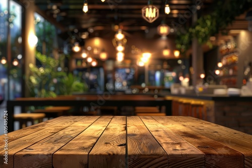 Set against a blur restaurant, the wooden table becomes an admirable restaurant at night, enhancing the dining ambiance, Sharpen 3d rendering background photo