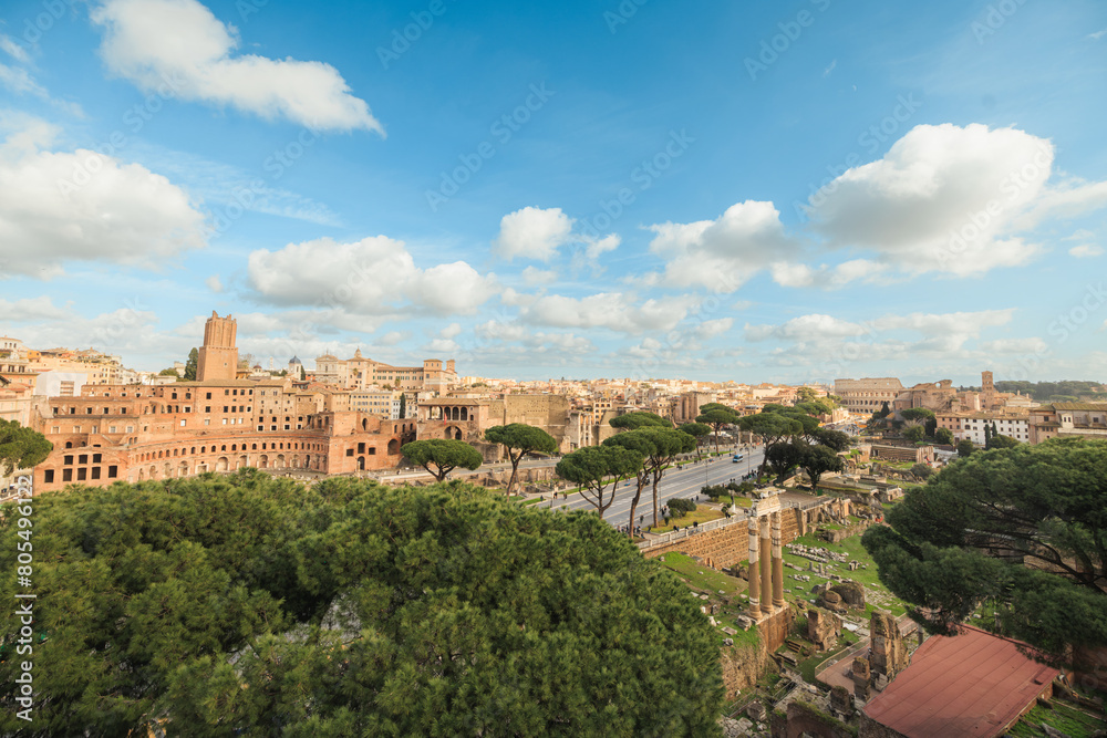 Lush green trees stand tall amidst towering buildings in a bustling city. The contrast between nature and urban development creates a captivating scene from above