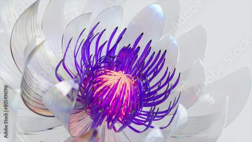 Highly detailed 3D digital artwork of a white flower with iridescent petals and a vibrant purple and orange core, set against a light background