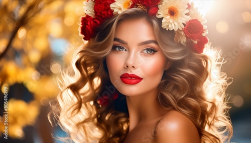 H  bsche Frau geschminkt mit bunte Blumen in Ihre Haar.