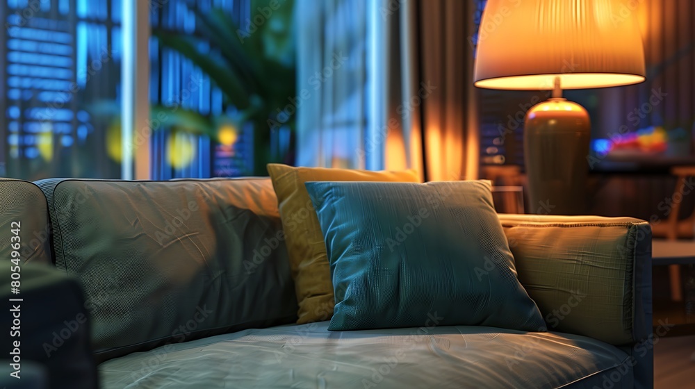 Fototapeta premium Pillow on sofa with electric light lamp decoration interior of living room