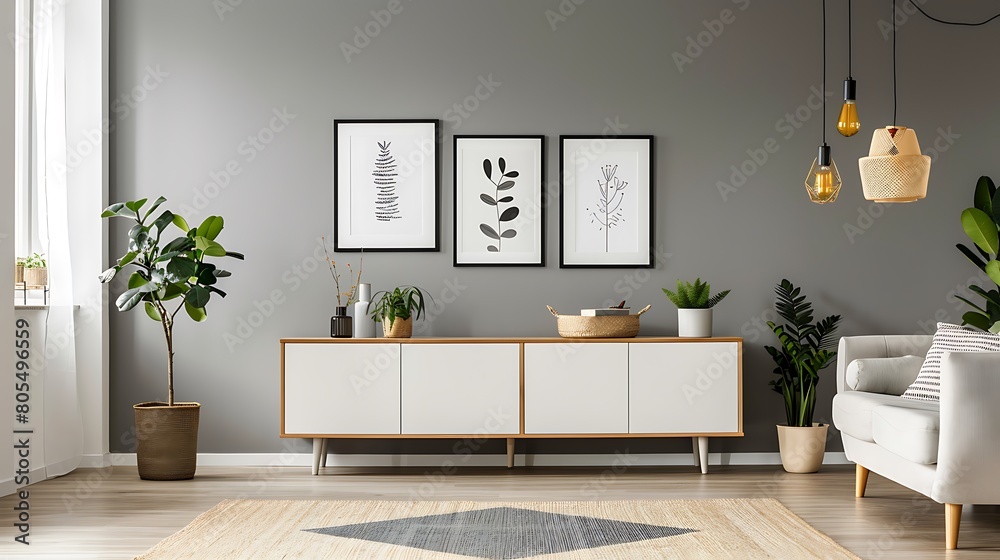 Posters on grey wall above white cupboard in bright living room interior with sofa and carpet Posters on grey wall above white cupboard in bright living room interior with sofa and carpet