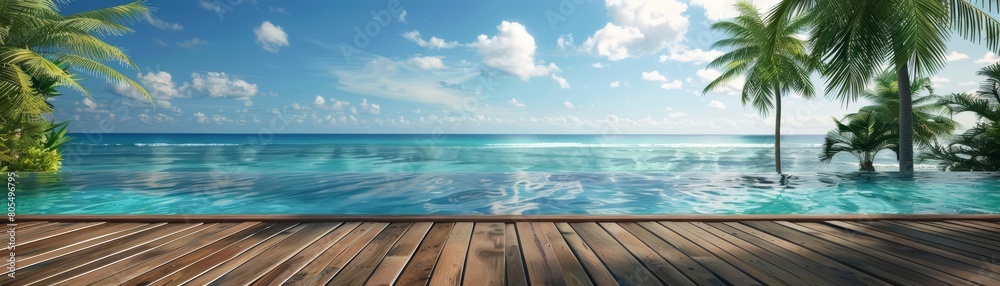 The wooden table near the tropical resort pool invites guests to enjoy the luxury of a tropical beach view, Sharpen 3d rendering background The wooden table near the tropical resort pool invites guests to enjoy the luxury of a tropical beach view, Sharpen 3d rendering background