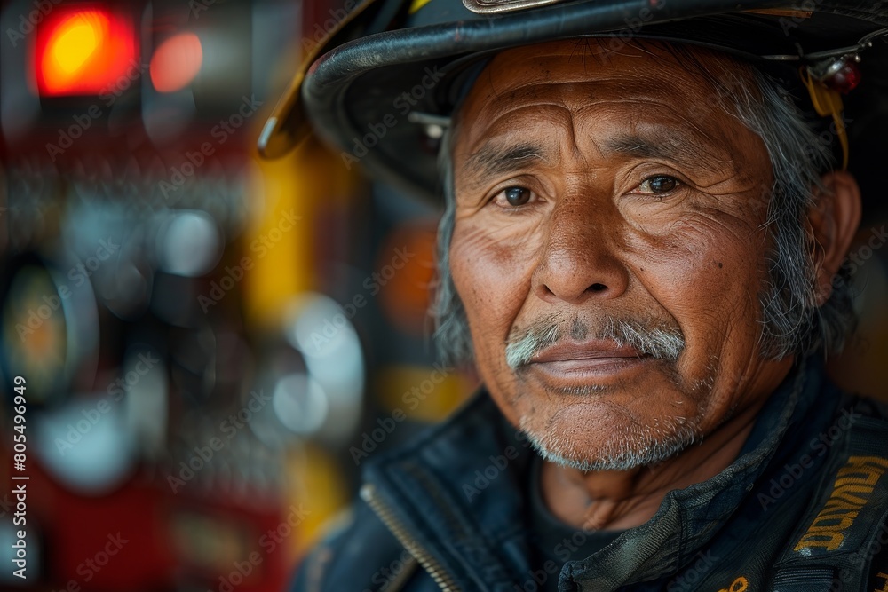 Experienced firefighter's face portrayed in close-up with his gear visible in the backdrop Experienced firefighter's face portrayed in close-up with his gear visible in the backdrop