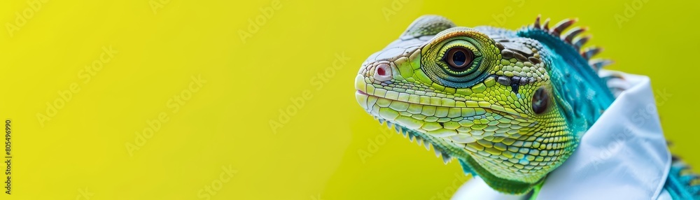 Fototapeta premium This image captures a closeup halfbody of a charismatic reptile in a scientists white lab coat