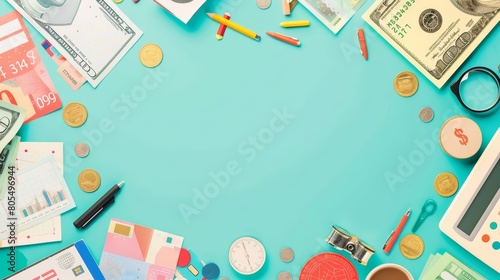 This creative flat lay template of global currencies and financial documents illustrates business and finance concepts, with solid background and copy space on center