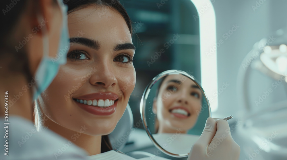 A close-up shot captures a stunning woman smiling in the dentist's chair A close-up shot captures a stunning woman smiling in the dentist's chair