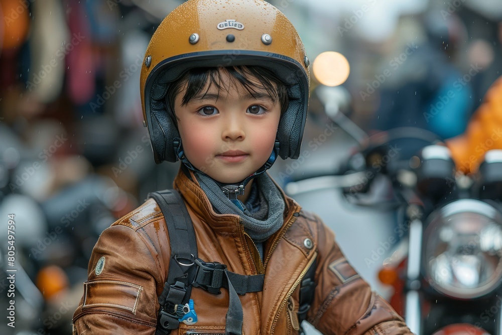 A young child dons a protective helmet and leather jacket, ready for a motorcycle ride A young child dons a protective helmet and leather jacket, ready for a motorcycle ride