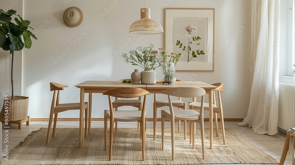 Wooden chairs at table with flowers in natural dining room interior with poster and lamp