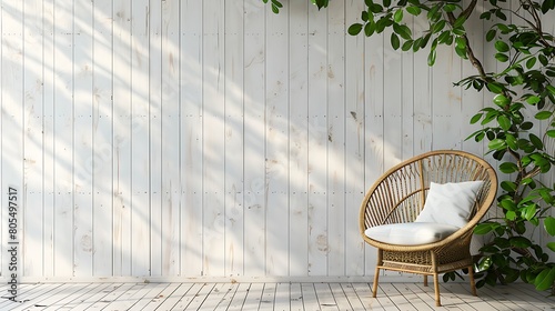 white wood plank wall and wooden floor decorate with rattan lounge chair decorate wall with green plant photo