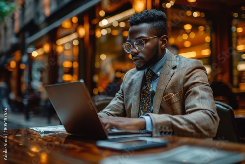 Despite the blurred face, a well-dressed man is shown working on his laptop at an outdoor cafe