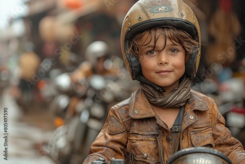 Stylish boy in vintage motorcycle gear and helmet, with a confident demeanor and timeless appeal photo