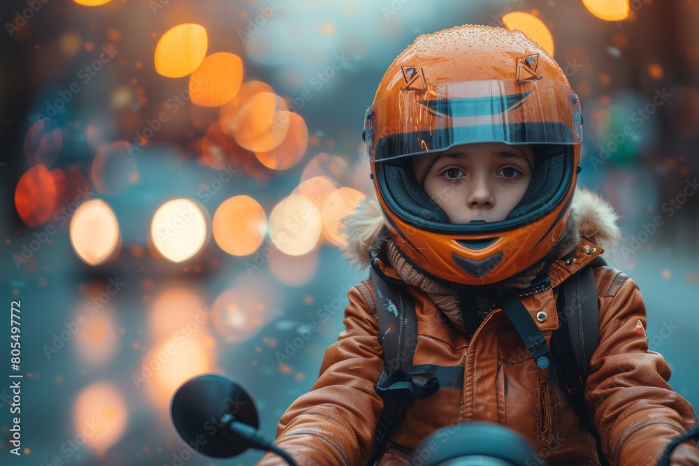 Young child in a motorcycle helmet with a focused expression and vibrant bokeh lights Young child in a motorcycle helmet with a focused expression and vibrant bokeh lights