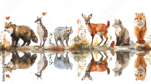 The image shows a group of animals, including deer, rabbits, and foxes, gathered around a watering hole. The animals are reflected in the water below.