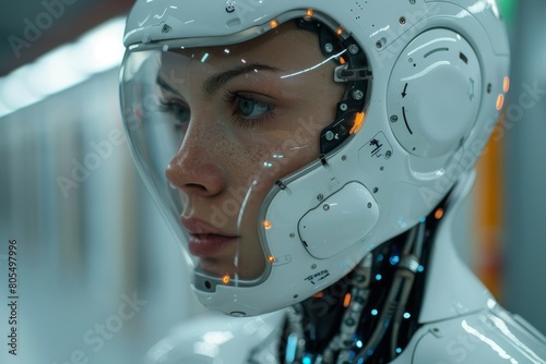 This image captures a detailed view of the head of a humanoid robot, showcasing intricate wiring and mechanical design, against a blurred background