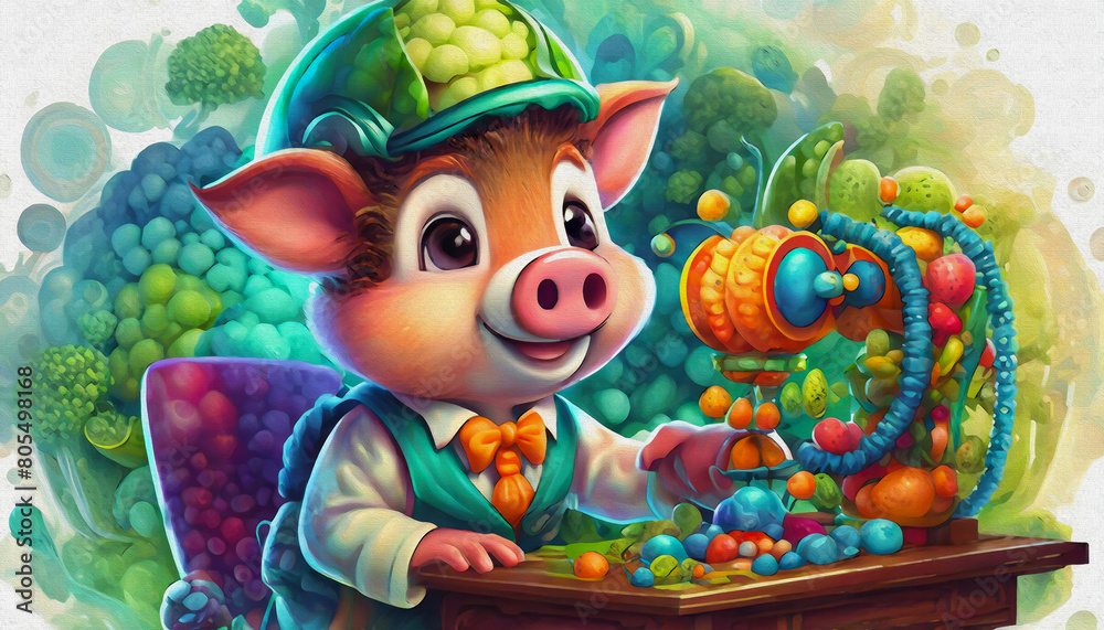 Naklejka premium oil painting style CARTOON CHARACTER cute pig Inventor Works on a Complex Machine at Her Desk During