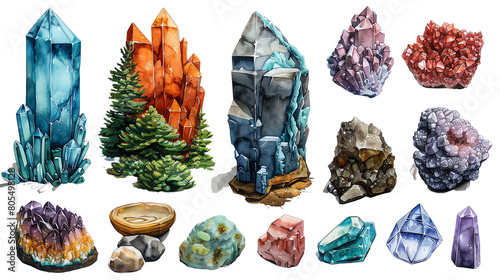 A variety of colorful crystals and gemstones on display, some appear to be floating while others are sitting on cut wooden stumps. photo