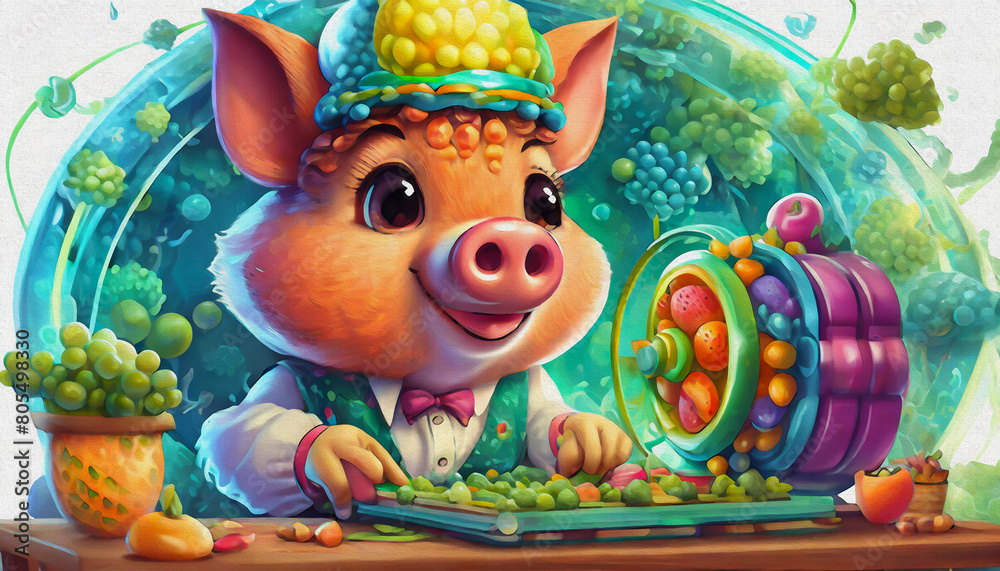 oil painting style CARTOON CHARACTER cute pig Inventor Works on a Complex Machine at Her Desk During