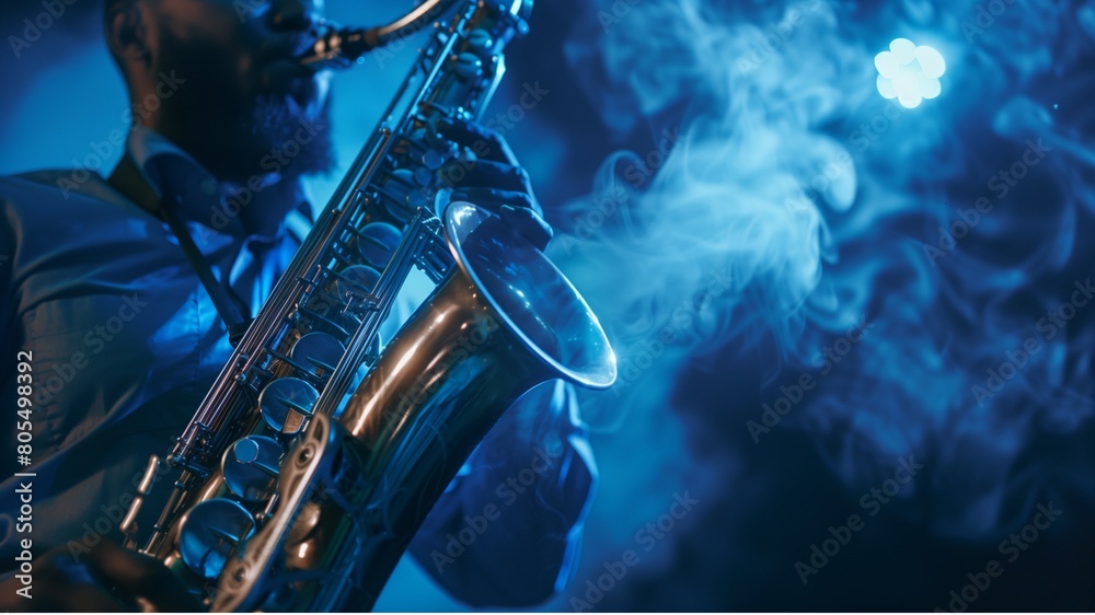 Fototapeta premium A saxophonist blowing the saxophone and creating a jazz tune