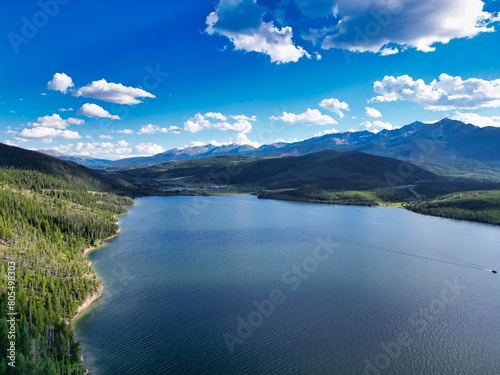 Dillon Reservoir Colorado Aerial View with Pine Forest and Rocky Mountains