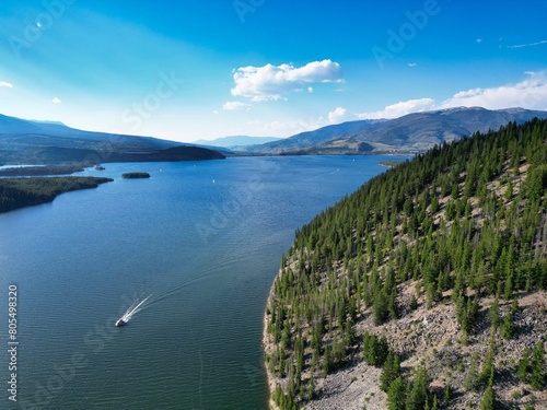 Dillon Reservoir Colorado Aerial Lake View with Mountains and Boat