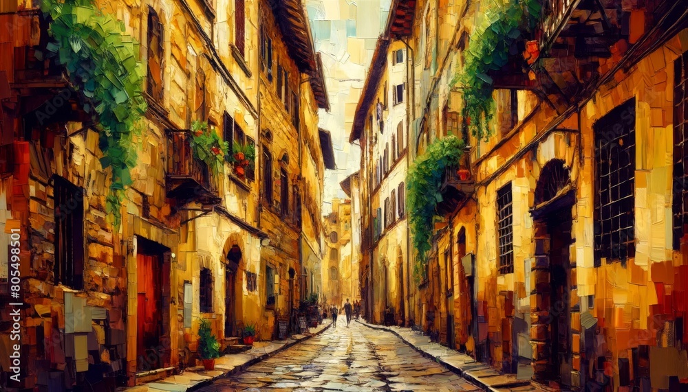 An painting of a hidden alley in Florence's Oltrarno district. with cobblestone alley and aged buildings