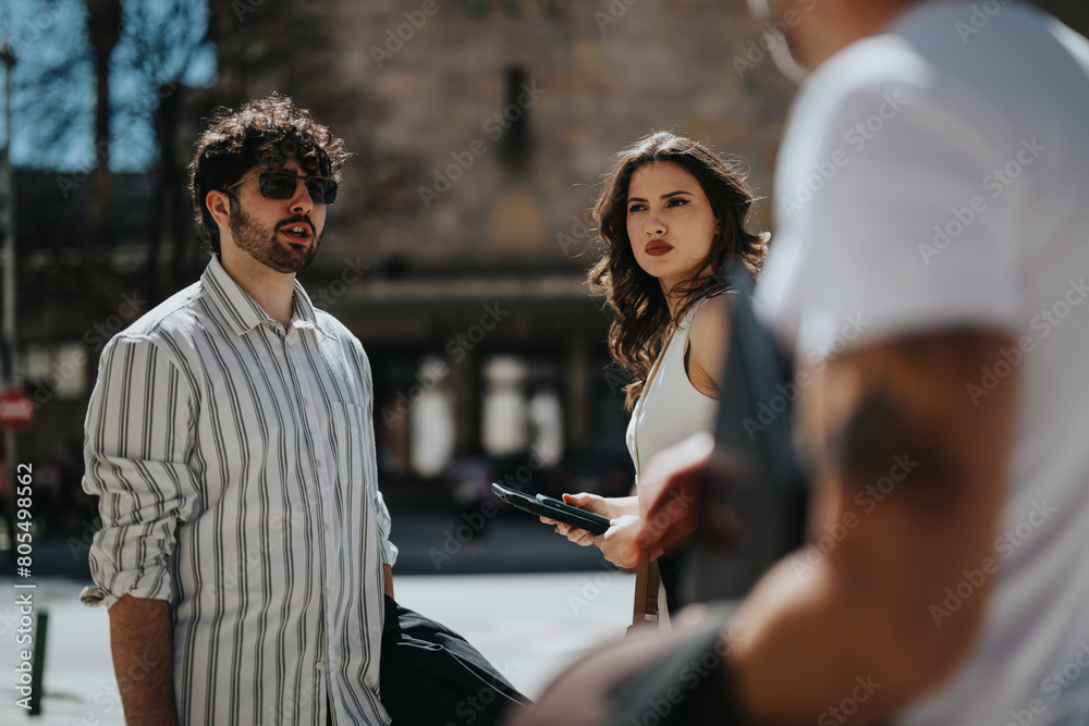 Business executives of different ages engaged in a serious discussion on a city street. Business executives of different ages engaged in a serious discussion on a city street.