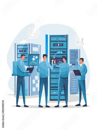 Team of It Professionals Securing a Network in a Server Room Filled With Racks of Equipment, Vector Illustration